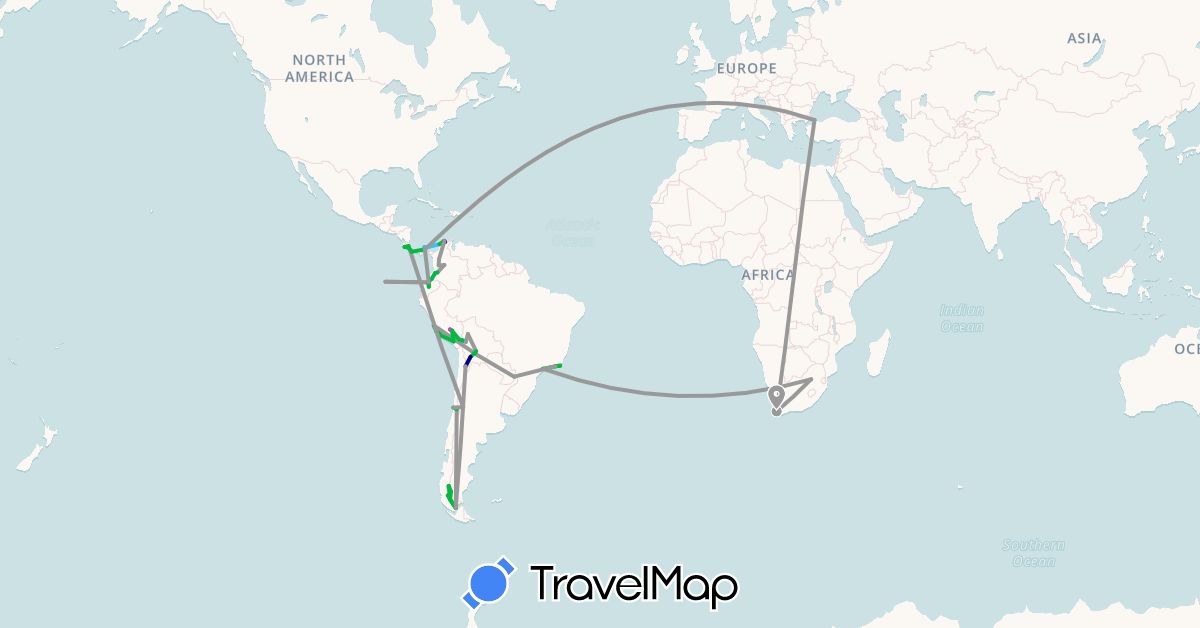TravelMap itinerary: driving, bus, plane, train, hiking, boat in Argentina, Bolivia, Brazil, Chile, Colombia, Costa Rica, Ecuador, Panama, Peru, Turkey, South Africa (Africa, Asia, North America, South America)
